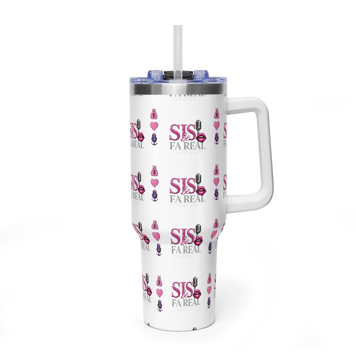 40oz Thermal Tumbler – "Sis Fa Real" Pink Makeup Pattern